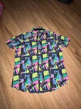 Vintage 90s Neon Abstract Button Up Shirt XL Retro Geometric Festival
